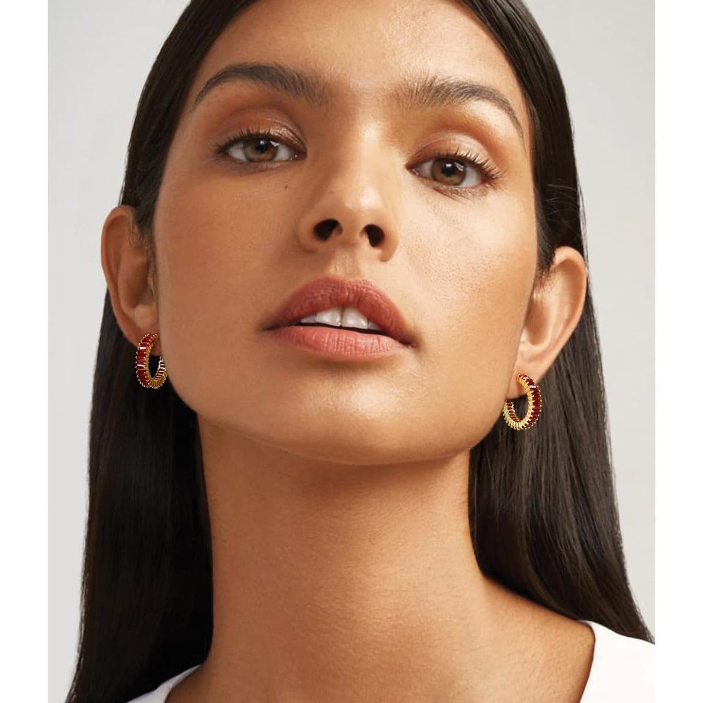 GLOQUAT 14K Gold Plated Dark Red Hoops for Women 925 Sterling Silver Post Vintage Ruby Red Earrings Cubic Zirconia Round Circle Hoops for Women Trendy Garnet Rhinestone Hoop Earrings Jewelry 25mm