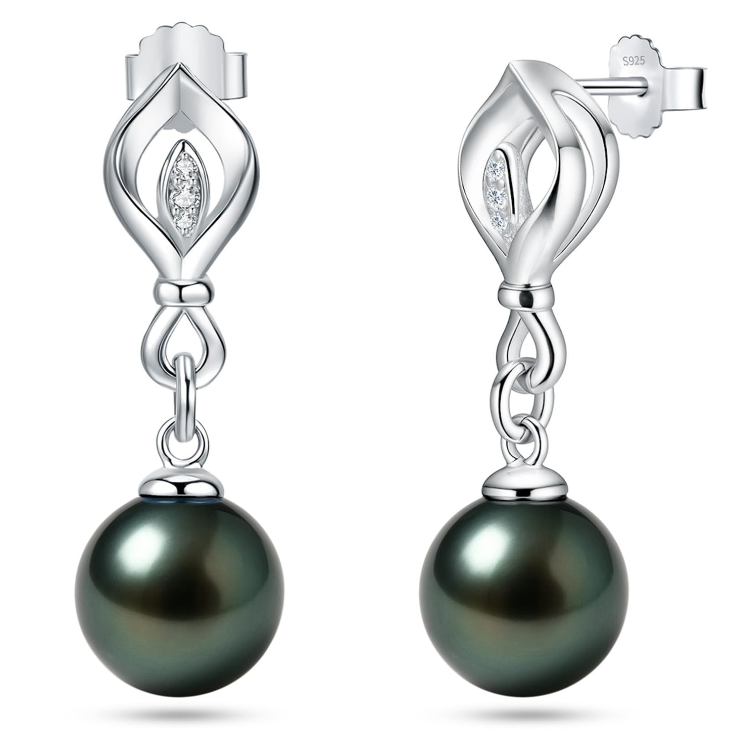 Genunie Tahitian Black Pearl Stud Drop Dangle Earrings - Christmas Gifts for Wife Women Anniversary Wedding, Mom Birthday Gift, AAAA 9-10mm Ocean-Grown Pearls Sterling Silver Unique Moissanite Jewelry