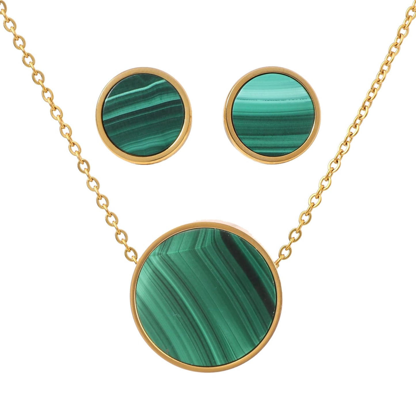 TaYolnFaSo Round Malachite Jewelry Set for Women 18K Gold Plated Malachite Necklace Studs Earrings Set Dainty Jewelry Gift