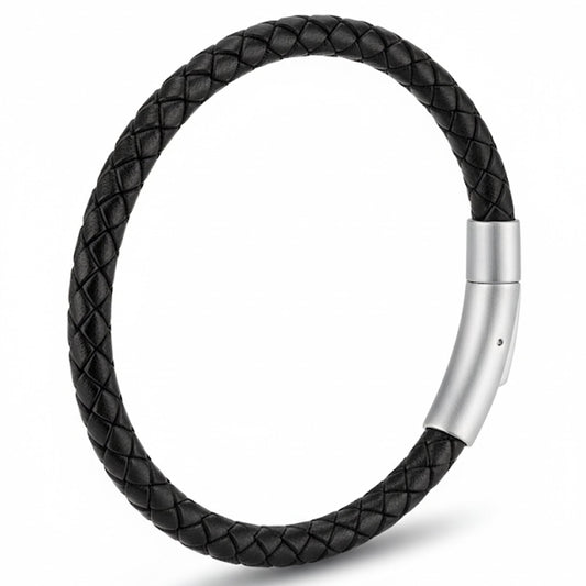 Leporem Black Braided Leather Bracelet Premium 18K Plated Surgical Steel Push Lock Clasp Hypoallergenic Urban Jewelry Gift Black Medium 7.5 Inch (Black, 7.5")
