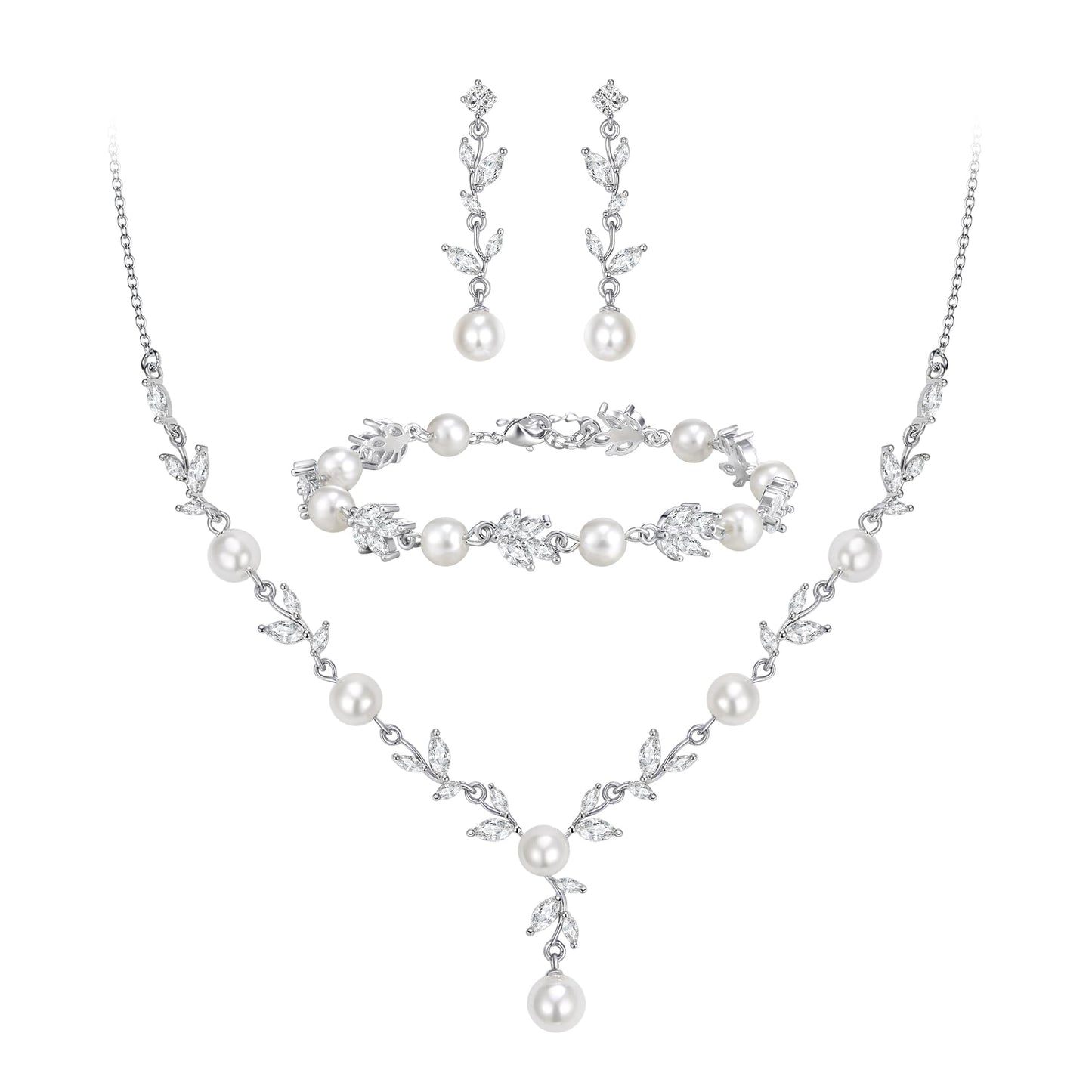 EVER FAITH Bridal Jewelry Set for Bride Bridesmaid, White-Gold-Plated-Brass Marquise Cubic Zirconia Faux Pearl Leaf Vine Party Prom Necklace Dangle Earrings Bracelet for Women