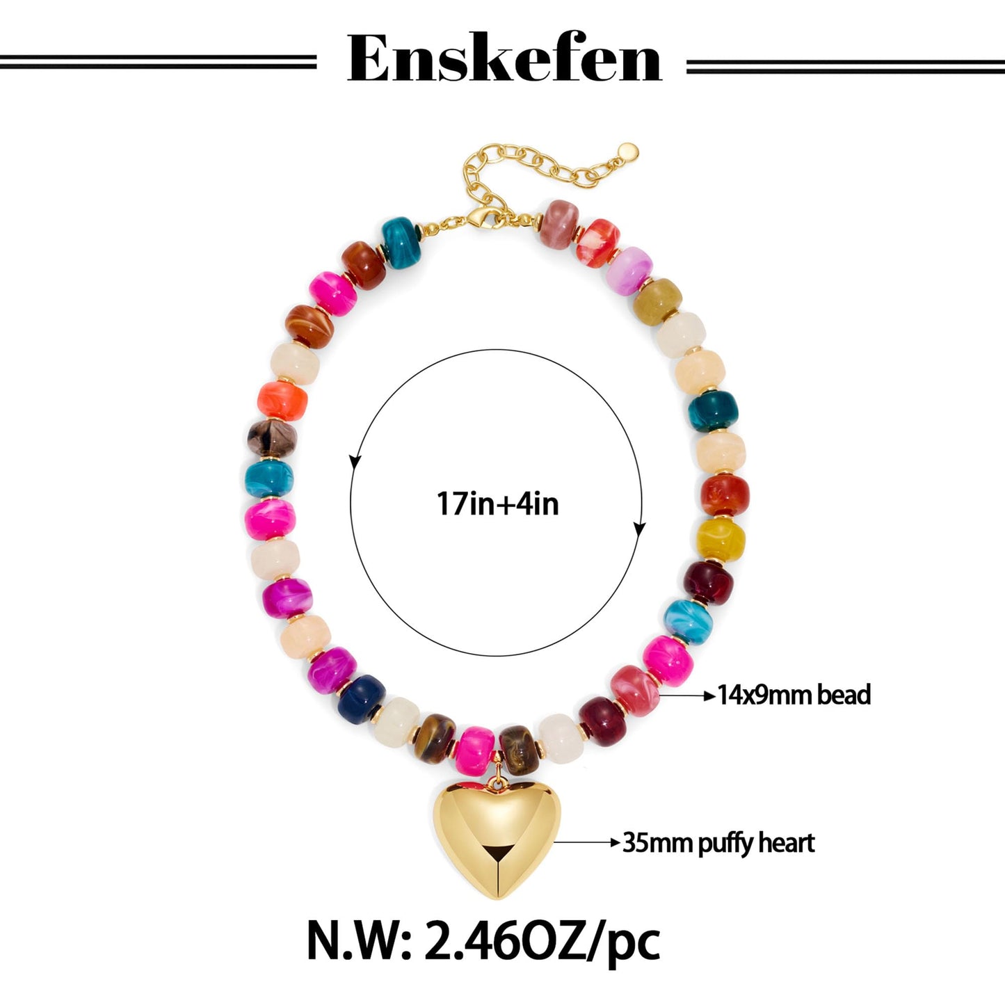 ENSKEFEN Colorful Beaded Necklace Chunky Heart Necklaces for Women Stylish Gold Puffy Heart Pendant Necklace Vibrant Resin Acrylic Beads Statement Necklaces