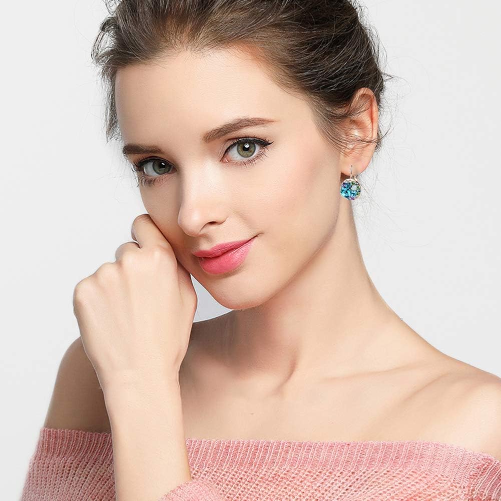 Multicolored Austrian Crystal Earrings for Women 14K Gold Plated Leverback Dangle Hoop Earrings (Blue Green Crystals/Rose Gold-tone)