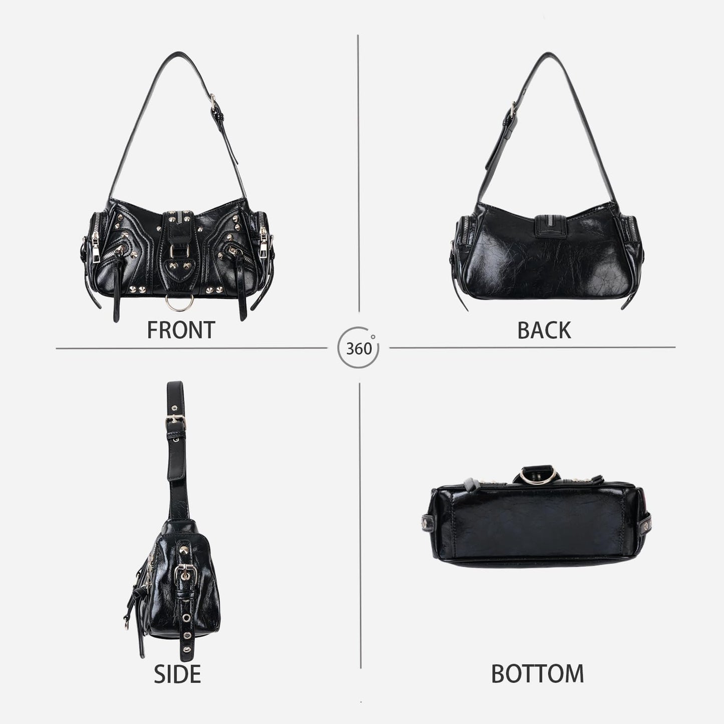 Aulenge Y2k Shoulder Bag for Women Small Studded Black Purse Y2k Mini Purse for Women Shoulder Bag Trendy PU Leather Goth Purses Punk Grunge Accessories Handbag