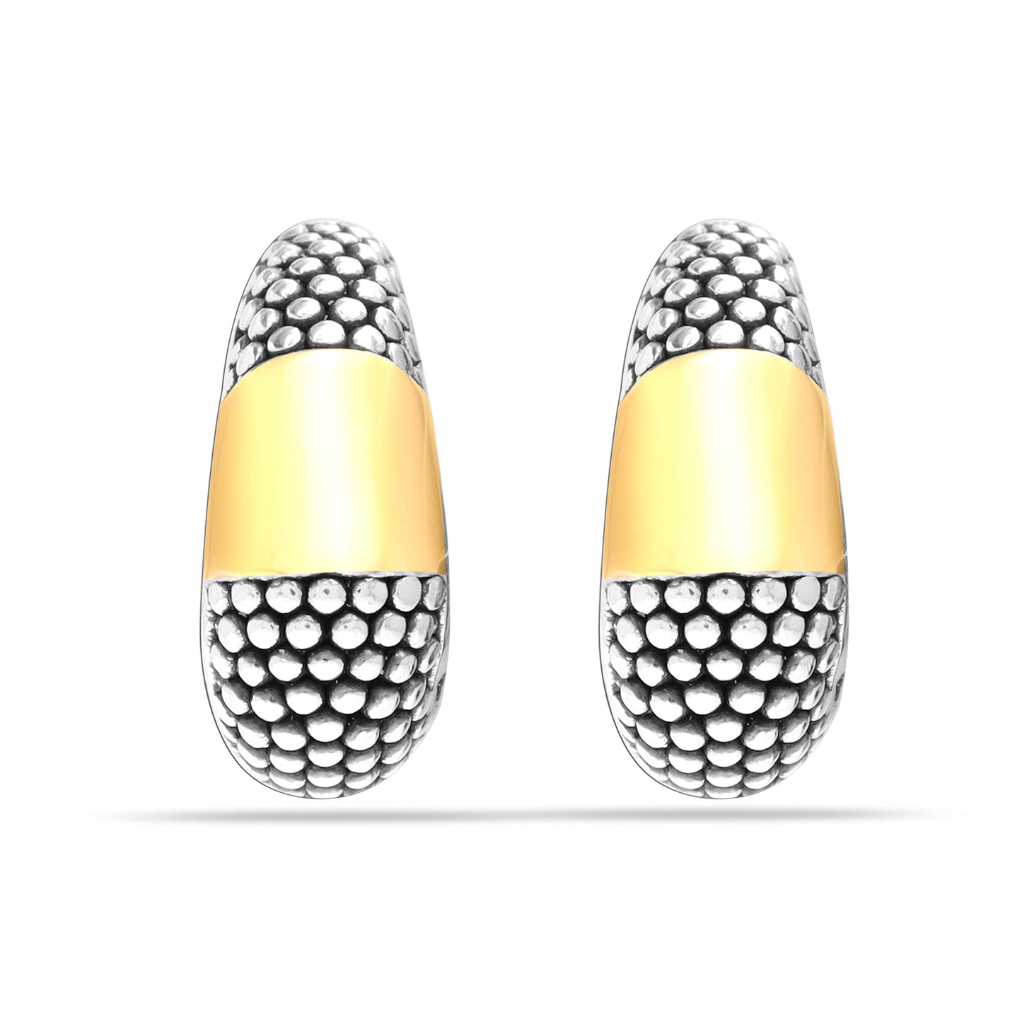 LeCalla 925 Sterling Silver Omega Back Earrings Jewelry Two-Tone Antique 14K Gold-Plated Bar Caviar Omega Back Large Stud Earrings for Women 17 MM