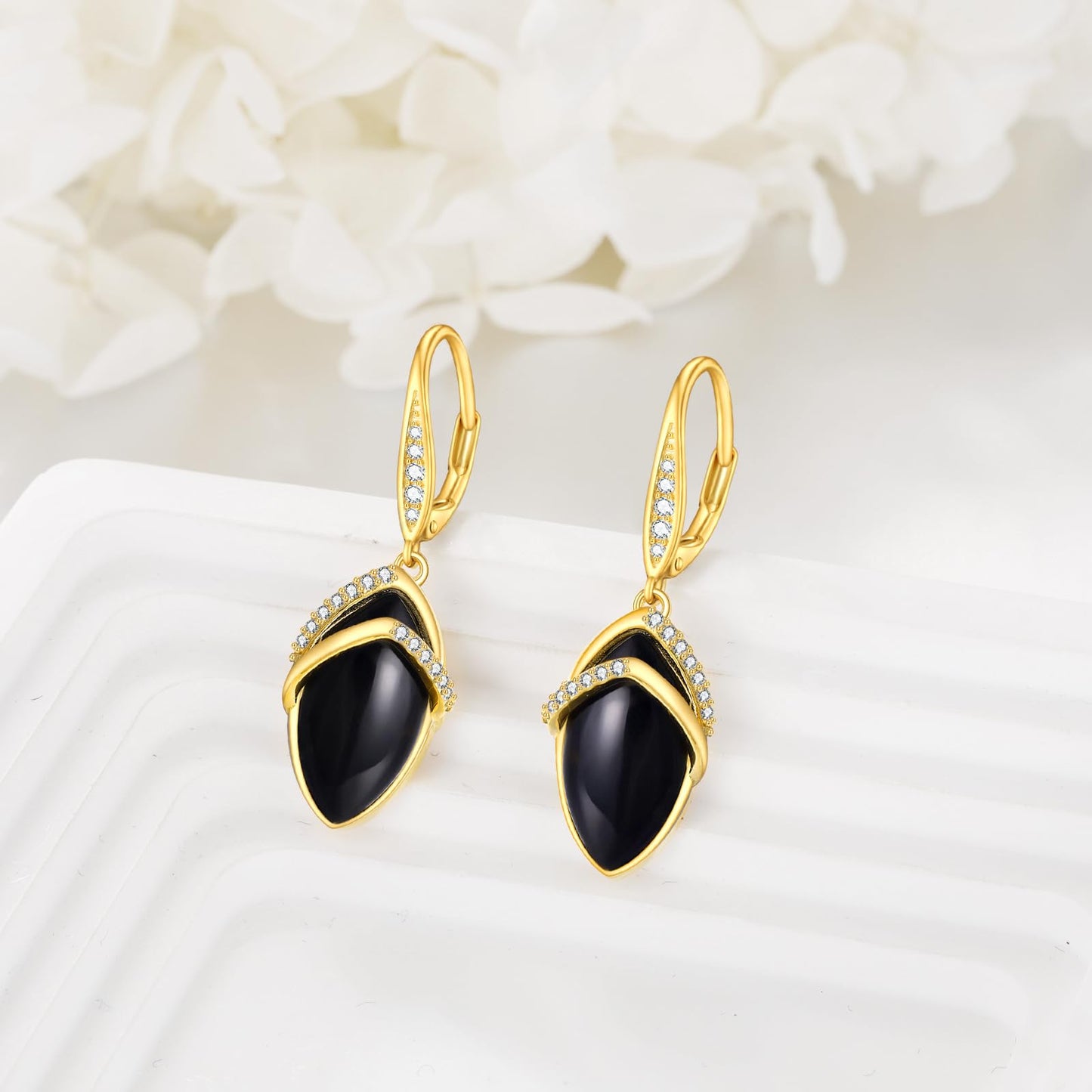Black Onyx Drop Earrings for Women Sterling Silver 18K Yellow Gold Plated Filigree Black Onyx Dangle Leverback Earrings Jewelry Gifts