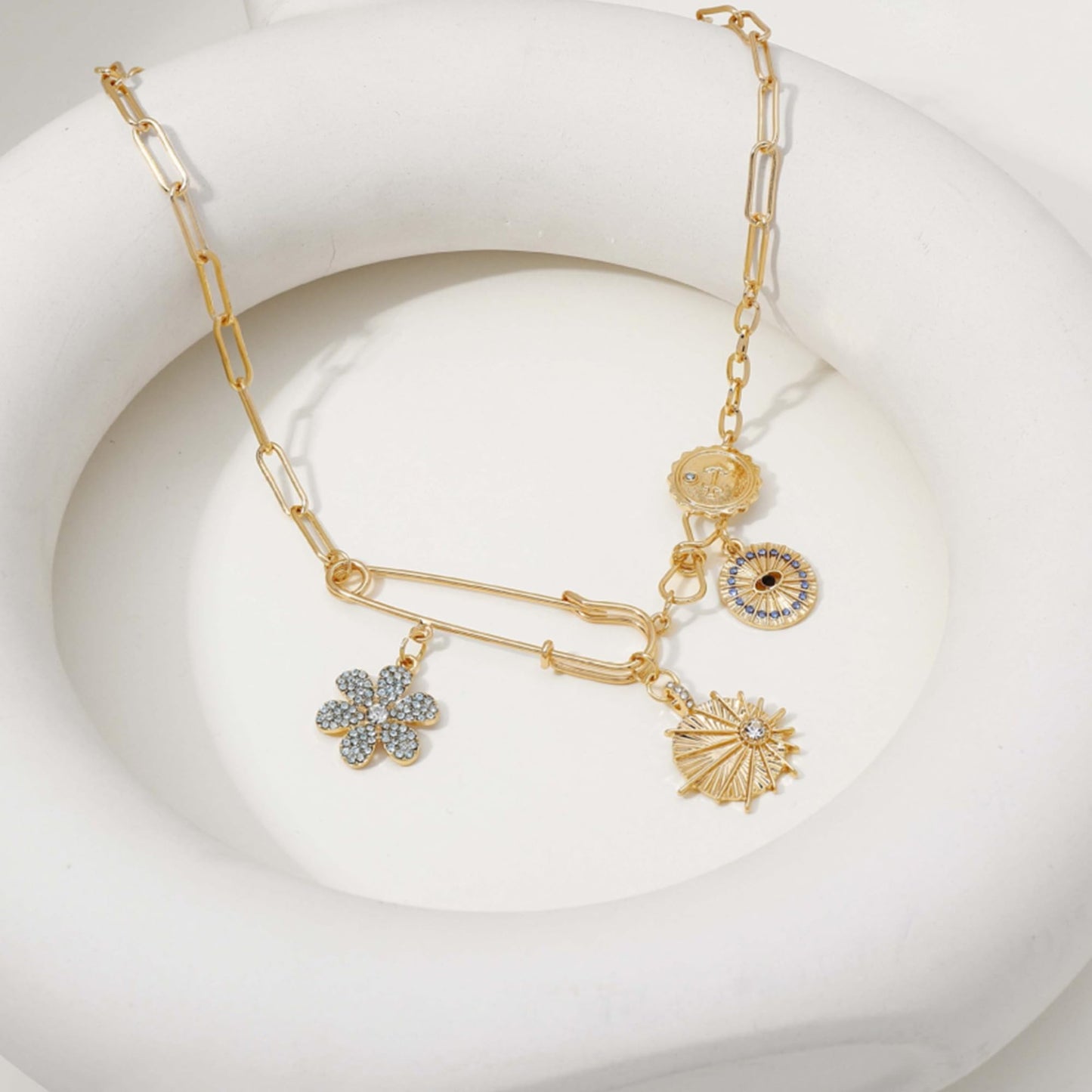 MISS RIGHT Charm Necklace for Women Dainty Gold Evil Eye Safety Pin Necklace, Good Luck Sun Coin Charms Pendant Paperclip Chain Necklace Amulet Jewelry Gift Blue Flower