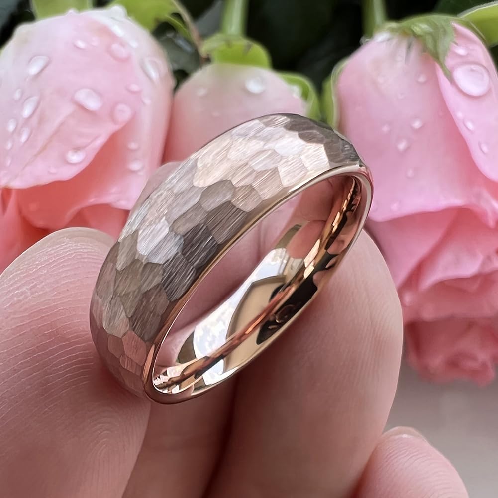 TUTISS 6mm Rose Gold Hammered Tungsten Rings for Men Women Engagement Wedding Bands Domed Matte Finish Comfort Fit Size 8
