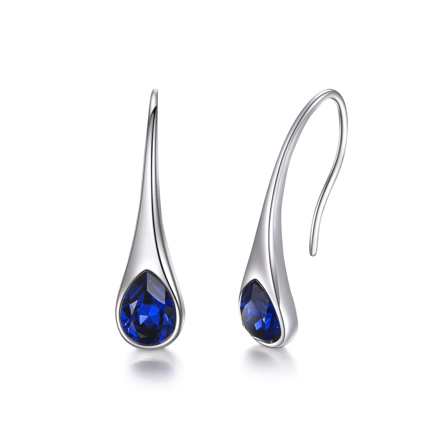 925 Sterling Silver Small Pear-Shaped Hook Earrings with Simulated Sapphire Birthstone Crystals from Austria, September Birthstone Jewelry Gifts for Women Wife Mom