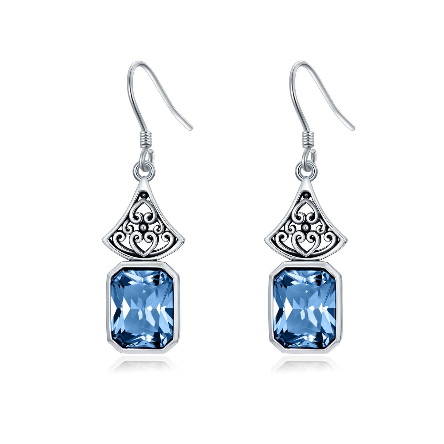 925 Sterling Silver Vintage Oxidized Dangle Drop Earrings with Emerald Cut Blue Aquamarine March Birthstone Anniversary Jewelry Gifts for Women