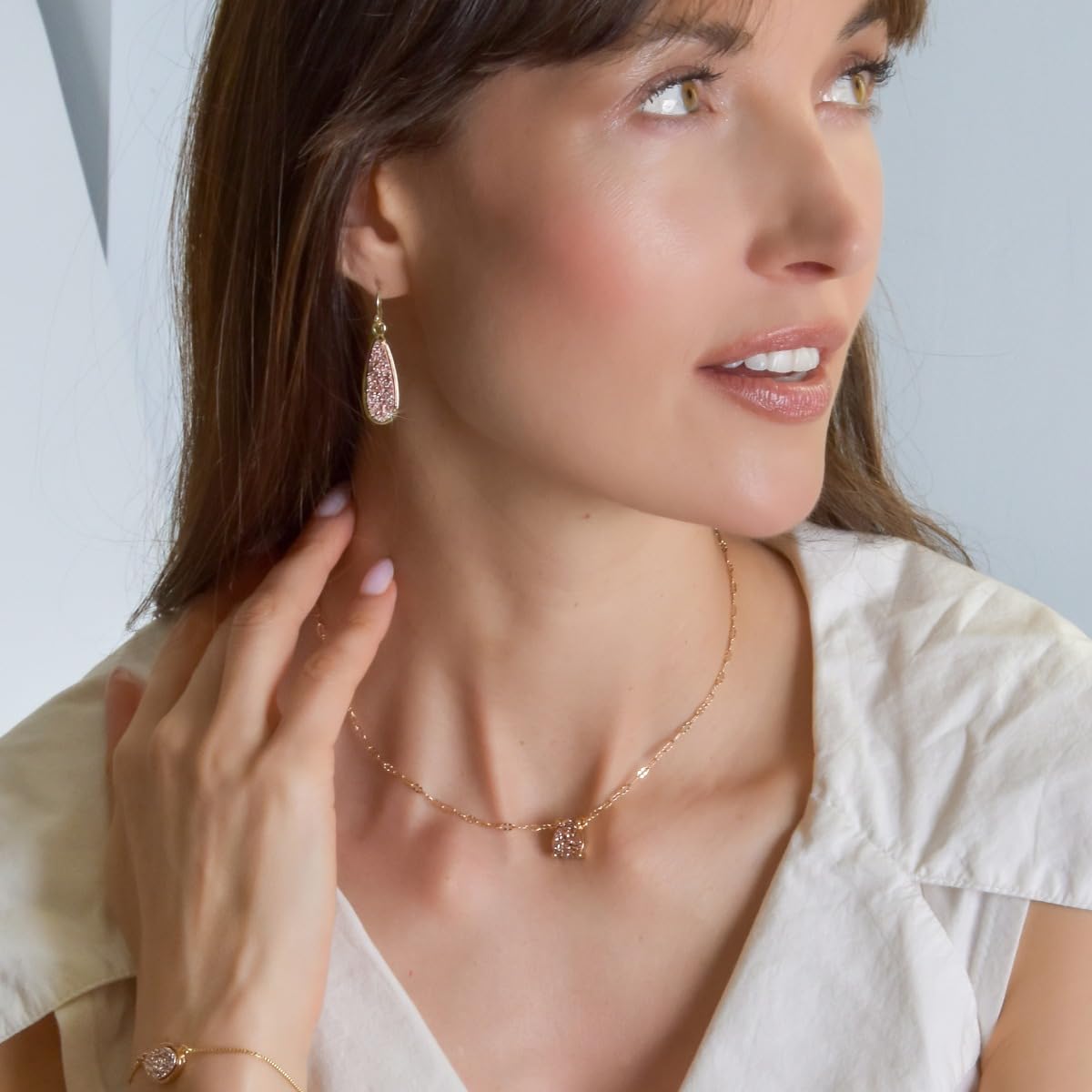 Simulated Druzy Drop Dangles - Gold Tone Sparkly Long Teardrop Dangly Earrings for Women, Pink Rose Gold Tone