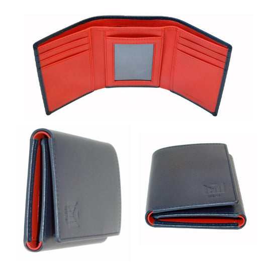 muzaf Trifold Premium Leather Wallet for Men with RFID Blocking (Navy Red)