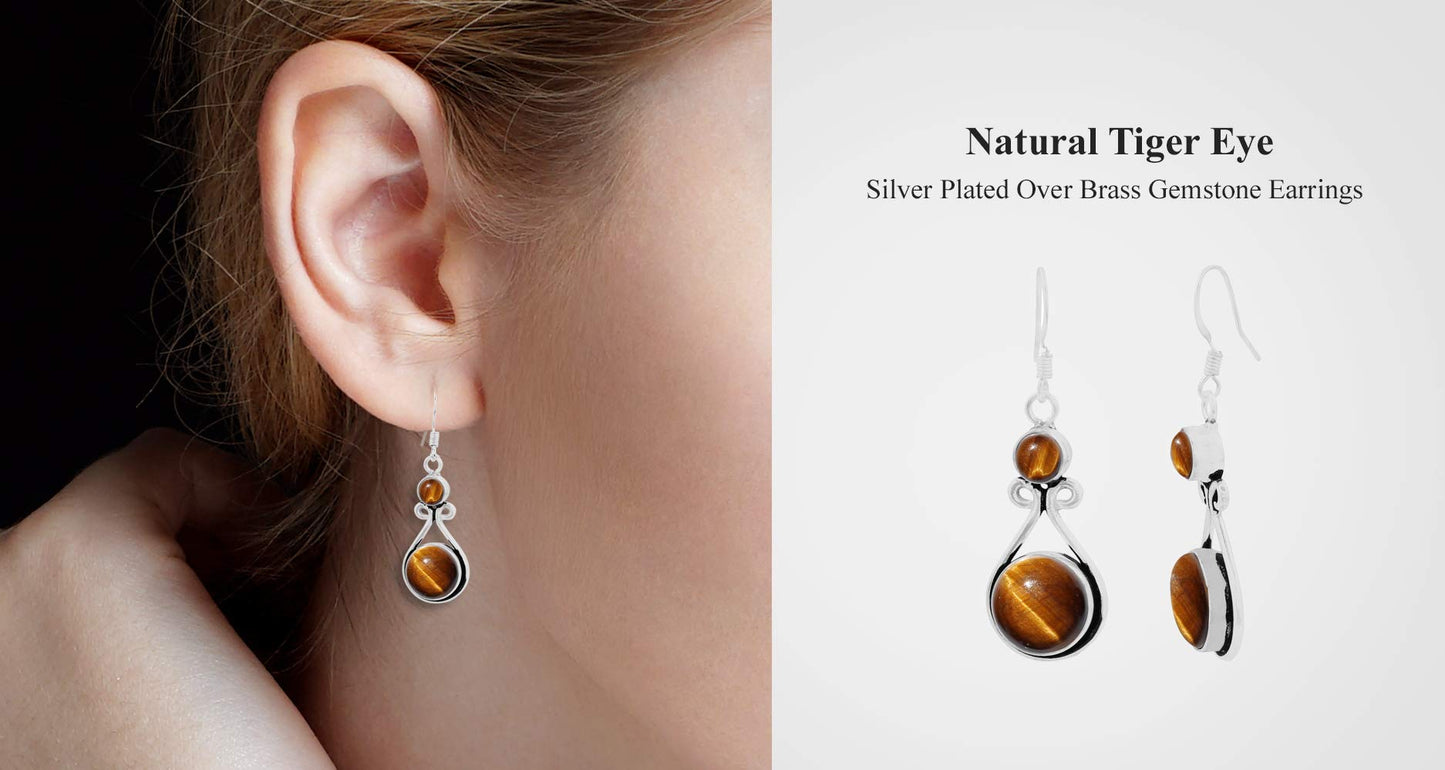 Natural Tiger Eye Silver Plated Dangle Earrings for Women - June Birthstone Round Gemstones Drop Earrings Handmade Jewelry - Wedding Christmas Gift for Her