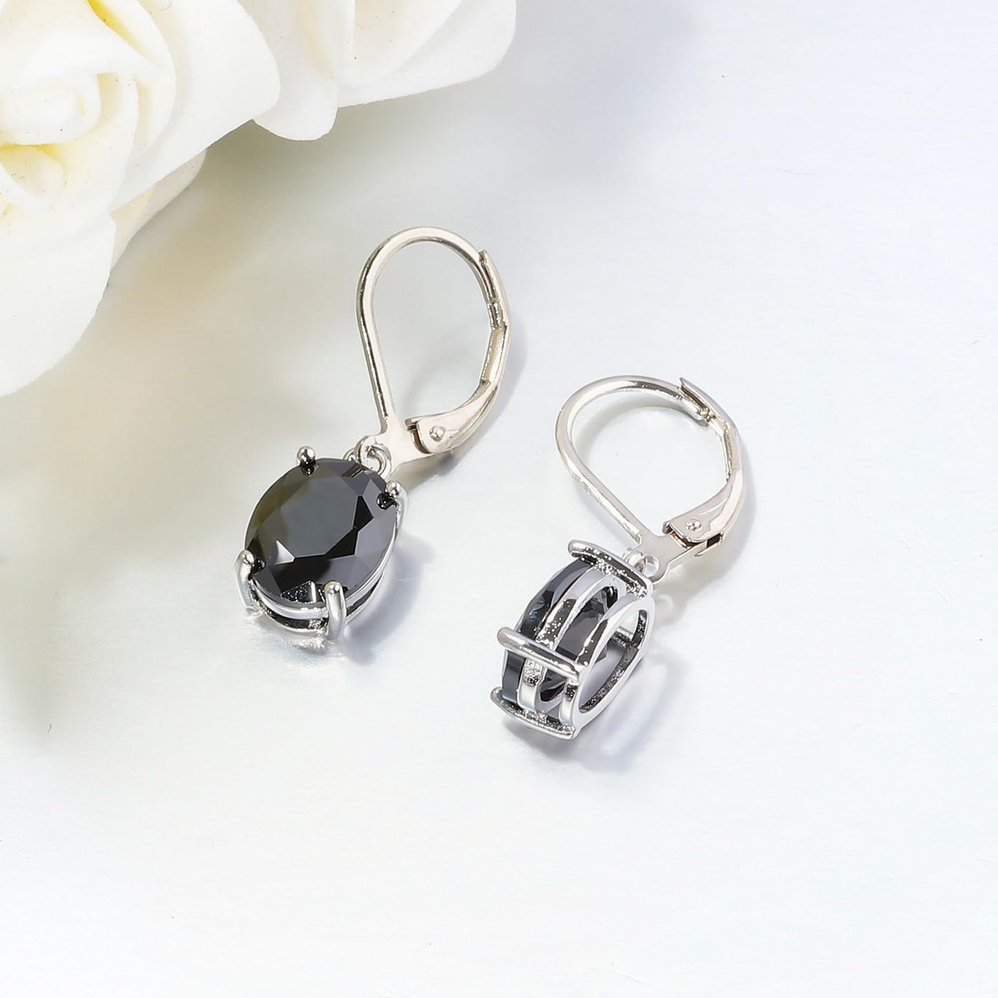CiNily Cut-Oval Leverback Dangle Earrings for Women Black Cubic Zircon 14k White Gold Plated Hypoallergenic Hanging Earrings Lightweight Summer Drop Earrings