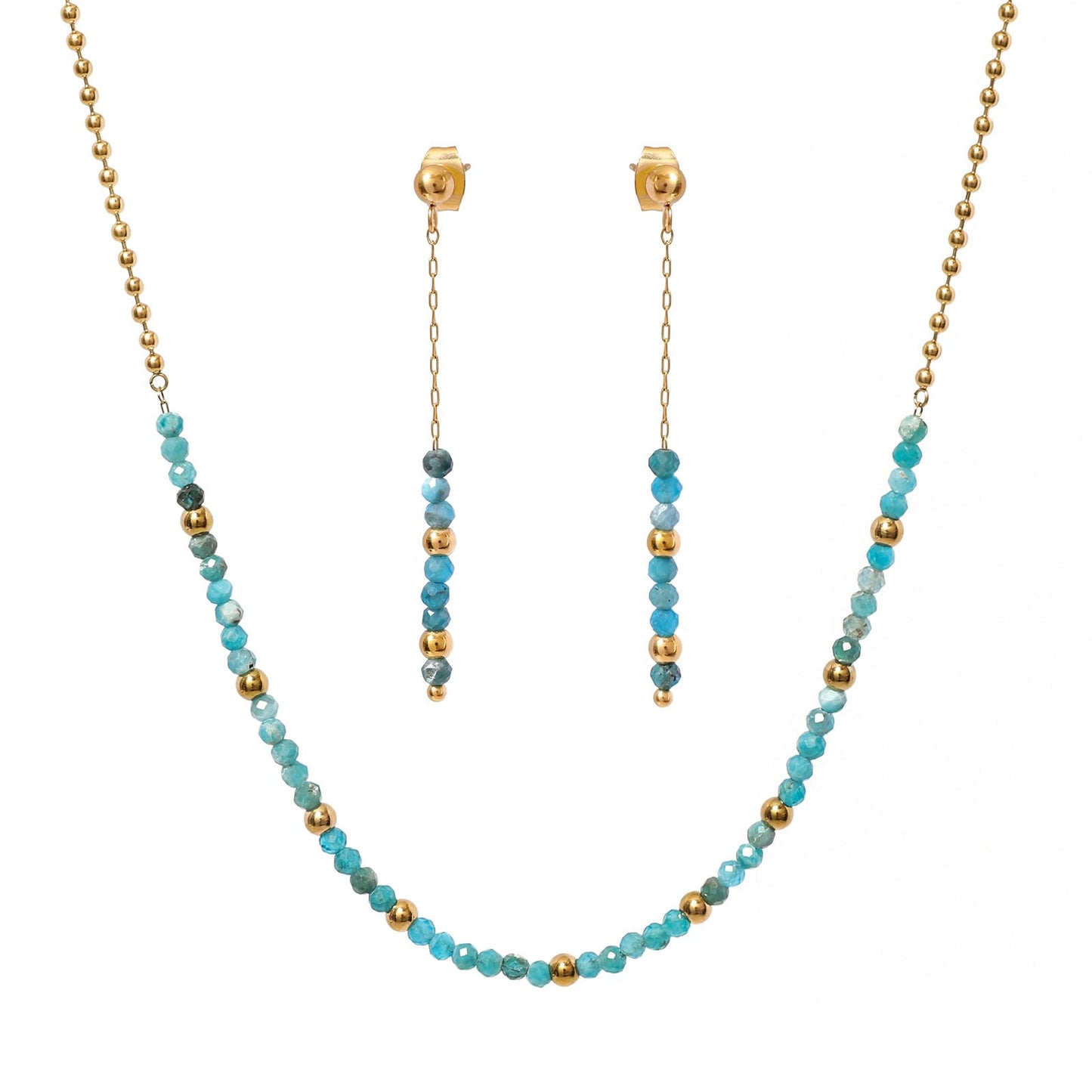 TaYolnFaSo Round Apatite Beads Jewelry Set for Women 18K Gold Plated Blue Apatite Necklace and Earrings Set Gift for Wife