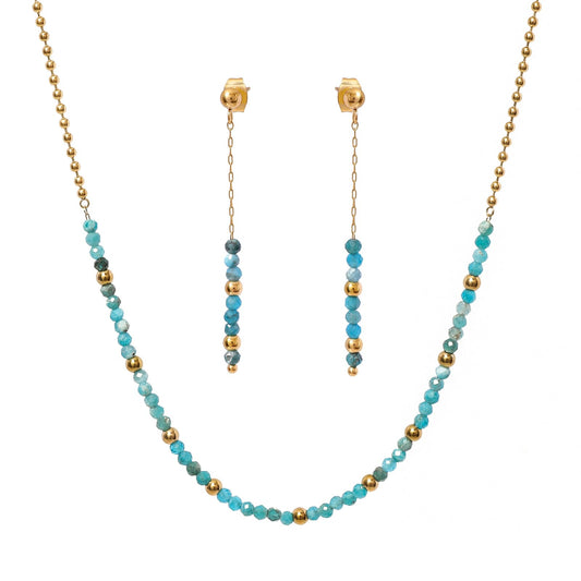 TaYolnFaSo Round Apatite Beads Jewelry Set for Women 18K Gold Plated Blue Apatite Necklace and Earrings Set Gift for Wife