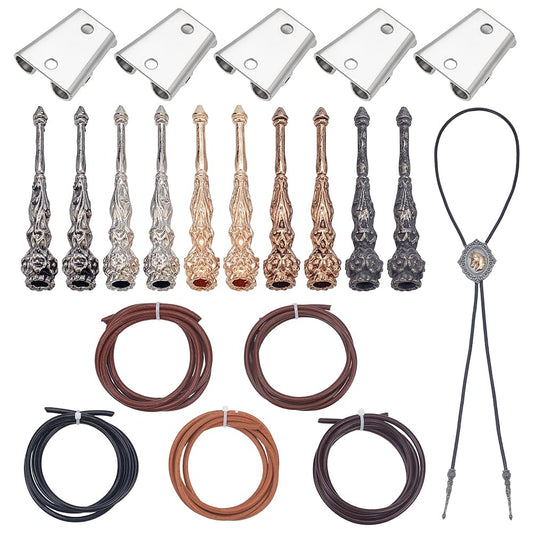 NBEADS 5 Sets Bolo Tie Findings Kit, Bolo Tie Buckle Accessories with 10 Pcs Alloy Cord End 5 Pcs Iron Bolo Tie Slide Clasps and 5 Colors Leather Necktie Cord for Bolo Tie Making