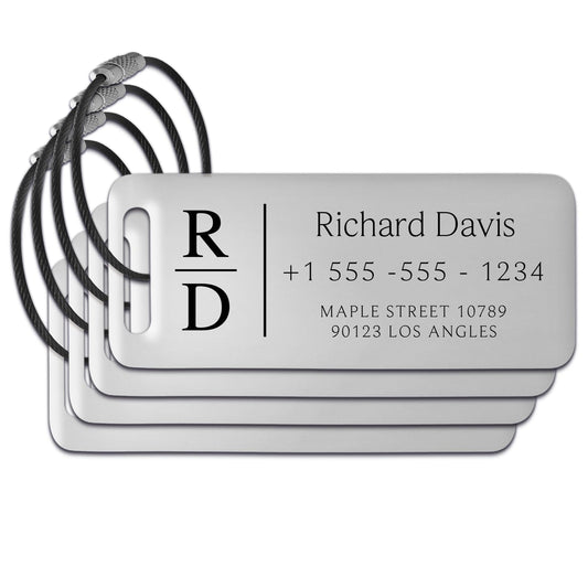 Personalized Luggage Tags for Suitcases 4 Pack - Stainless Steel Custom Luggage Tags for Backpacks & Bags, Sturdy, Waterproof & Heavy Duty (Silver / 3" x 1.25")