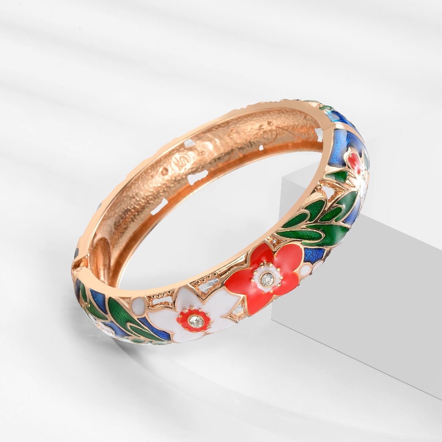 UJOY Fashion Cloisonne Bangle Jewelry Hollowed Rose Handmade Enamel Gifts Cuff Open Bracelet Bangles for Women Gilrs 88A11-3pcs Navy Blue