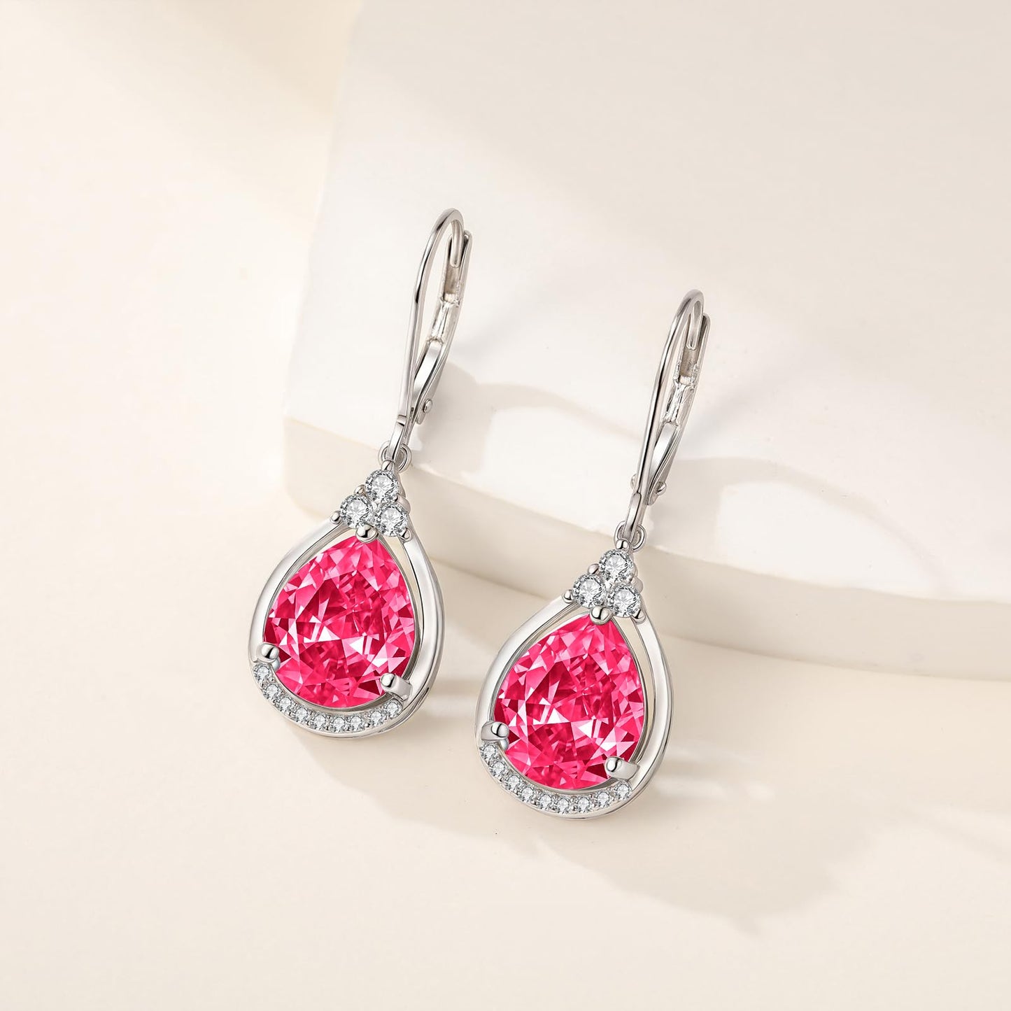 Hot Pink Earrings Sterling Silver July Birthstone Earrings AAAAA Cubic Zirconia Teardrop Dangles Jewelry Christmas Gifts for Women
