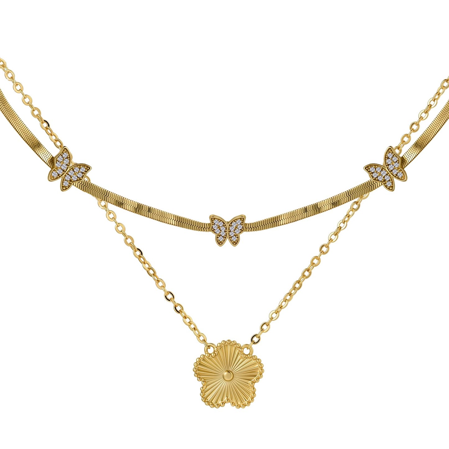 MSCHA HOME Gold Necklace for Women Stack Trendy Non Tarnish Butterfly Herringbone Choker Chain Flower Pendant Cubic Zirconia 14K Gold Plated Simple Dainty Double Layered Jewelry Set Gift