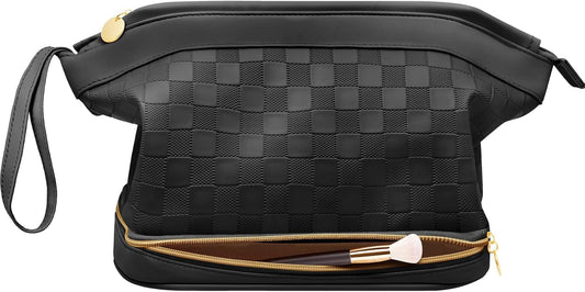 Hairao Large Makeup Bag for Women, Double Layer Travel Makeup Bag with Brush Compartment, Waterproof PU Leather Cosmetic Bag, Checkered Toiletry Bag Makeup Organizer for Skincare & Toiletries, Black