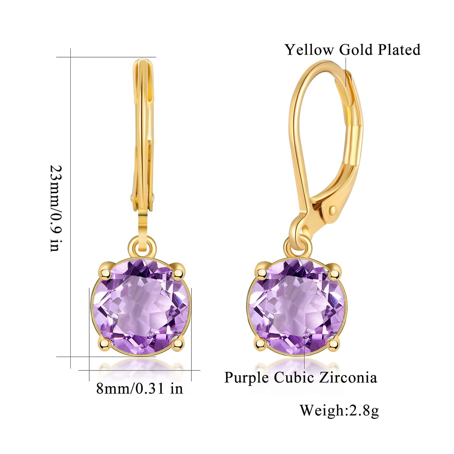 CiNily Leverback Dangle Earrings for Women Purple Cubic Zircon Pendant Earrings 14K Gold Plated Hypoallergenic Crystal Drop Earrings for Sensitive Ears Jewelry