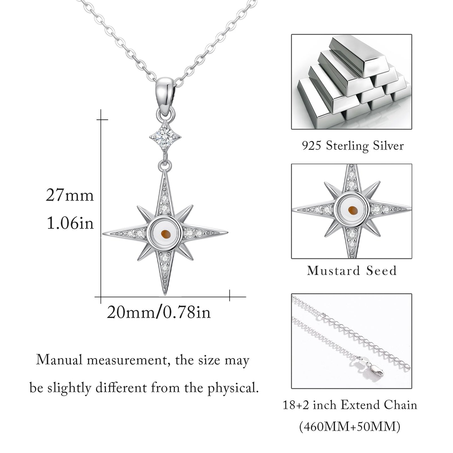 Silikepa Star Necklace for Women, 925 Sterling Silver, North Star Pendant Necklace with Mustard Seed, Christian Jewelry, Gift for Women