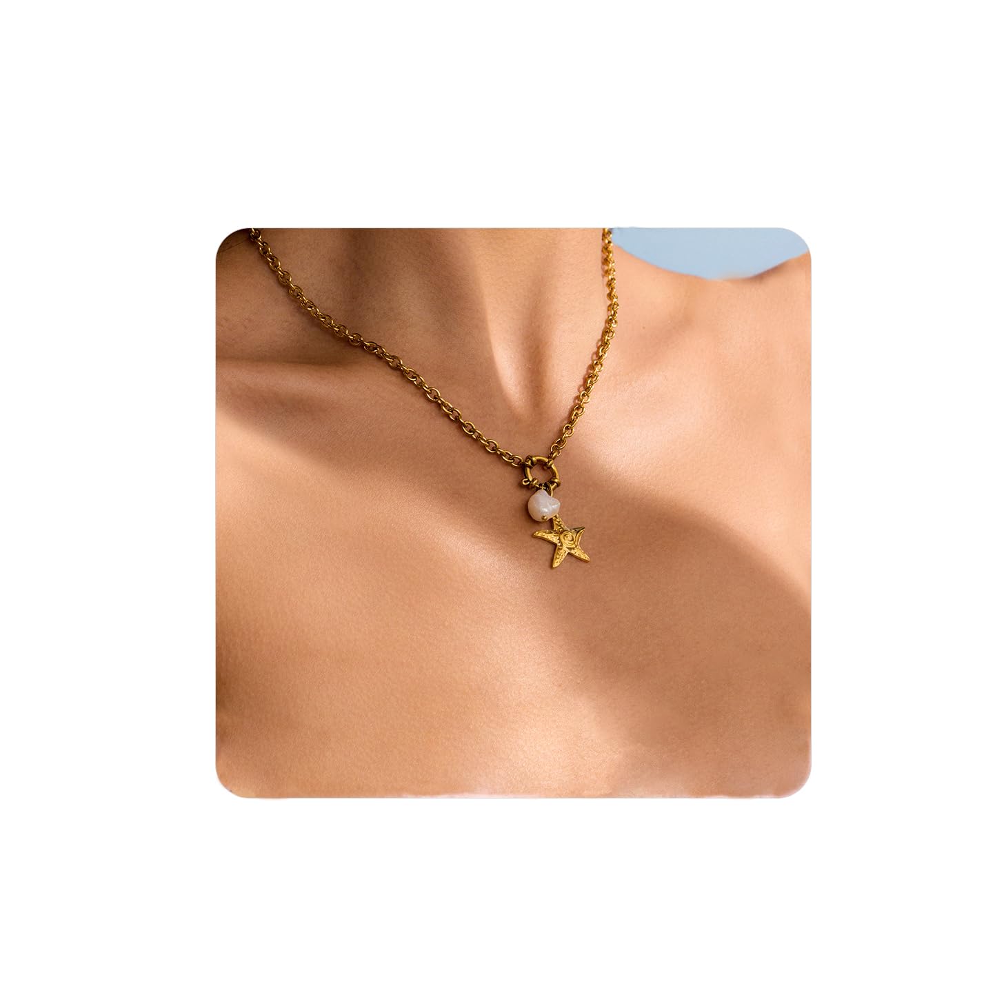 Seamido Dainty Gold Necklace for Women, 18k Gold Plated Waterproof Necklace Charm, Summer Beach Choker with Butterfly Pearl Sea Star Trendy Elegant Jewelry for Her