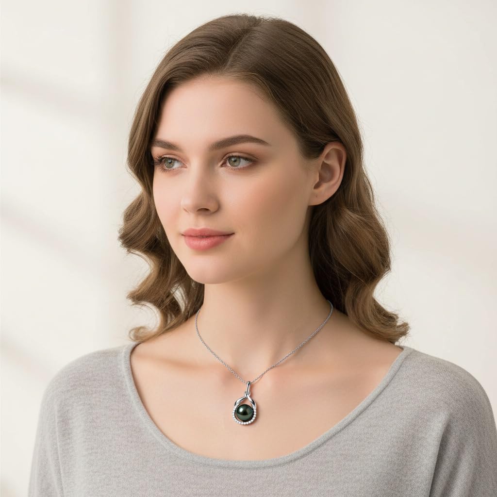 Tahitian Black Pearl Necklace for Women - Gift for Wife, Mom, Sister, Jewelry Gifts for Wedding Anniversary Birthday Christmas, 9-10mm Seawater Pearl with Sterling Silver Moissanite Necklaces Pendant
