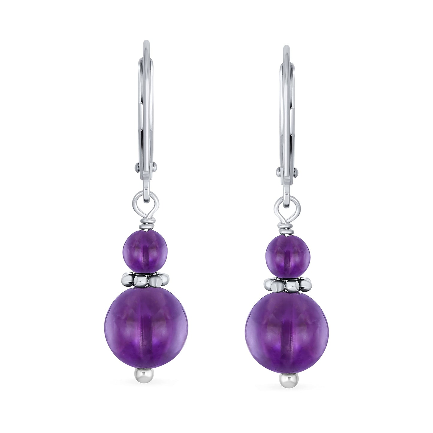 Bling Jewelry Bali Style .925 Sterling Silver Purple Amethyst Bead 3MM & 8mm Balls Drop Earrings Milgrain Rondel Separator Lever Back Genuine Gemstone