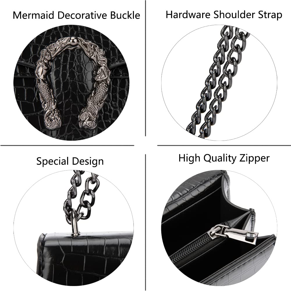 DEEPMEOW Crossbody Shoulder Chain Purse for Women - Crocodile Grain PU Leather Evening Bag Satchel Handbag（Black）