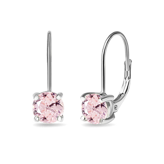 Pink Earrings for Women Dangling Sterling 6mm Round Leverback Drop Simulated Morganite Earring Silver Jewelry for Bridesmaids Gift Trendy Fashion