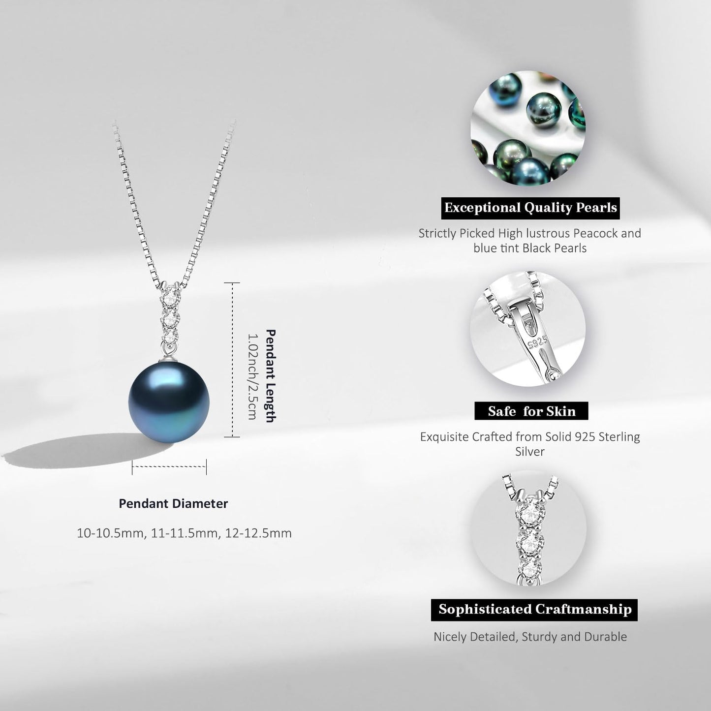 YAMI Black Tahitian Pearl Necklace and Earrings Set, Saltwater Cultured Pearl, 925 Sterling Silver Necklace, Elegant and Luxurious Jewelry Gift for Women for Anniversaries, Birthdays, and Mother's Day