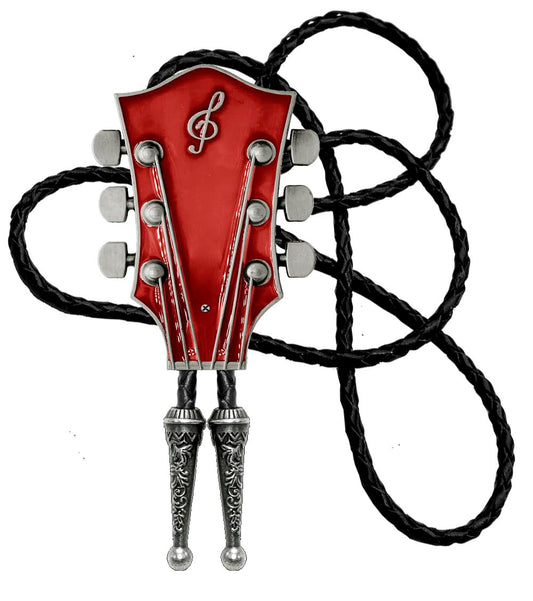 Moranse Bolo Tie With Guitar Music Lover Design Cowboy and Genuine Cowhide Rope (Red 2)