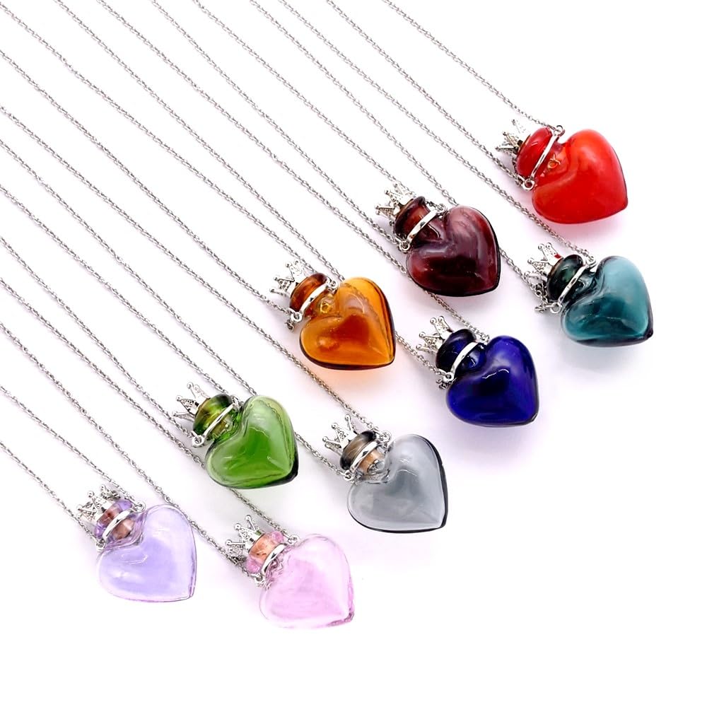 Glaze Glass Heart-Shaped Refillable Essential Oil Necklace Pendant - Aromatherapy Perfume Diffuser Pendant with Stainless Steel Chain (Purple)