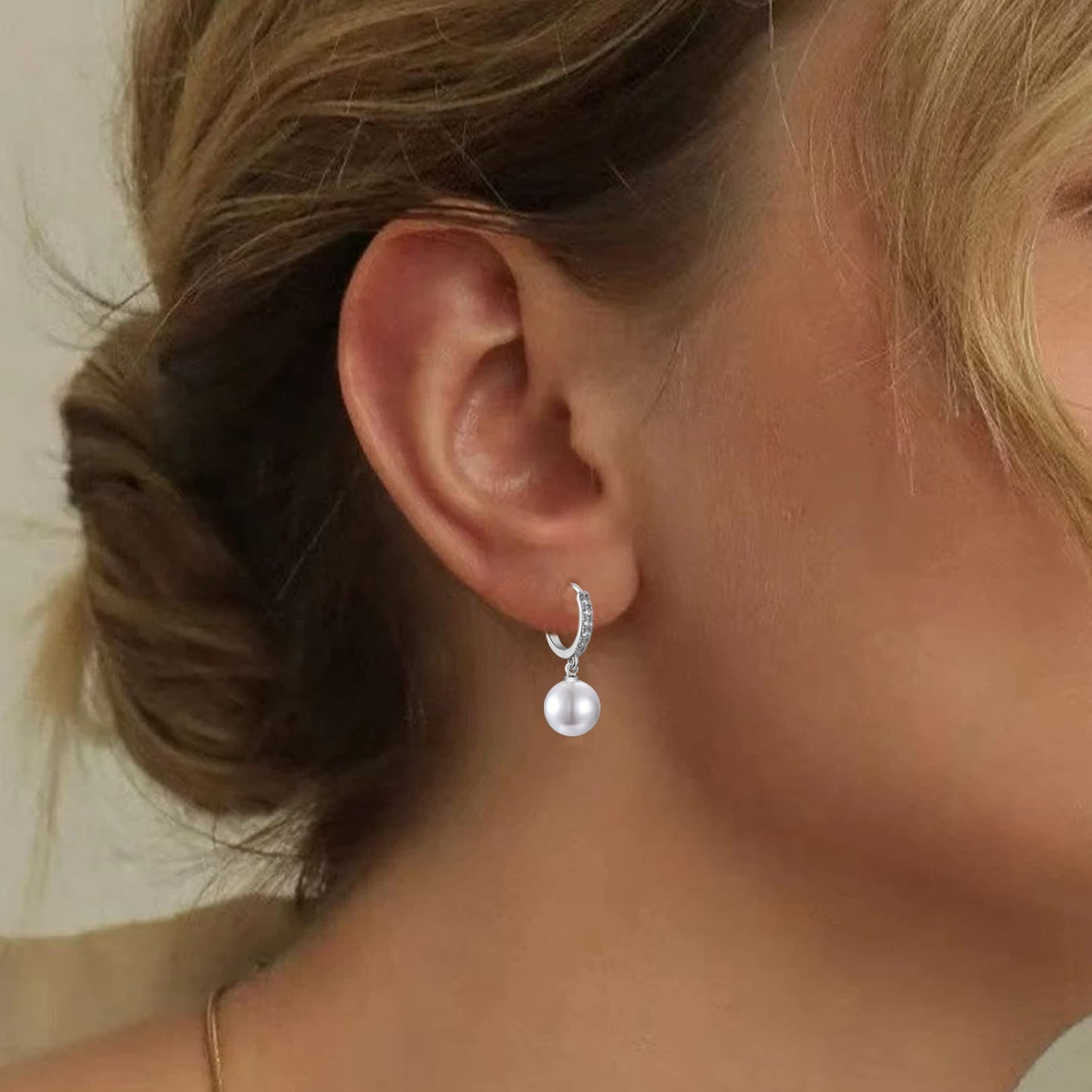 CERSLIMO Pearl Drop Earrings for Women | S925 Sterling Silver Post Simulated Shell Pearl Hoop Dangle Earrings, Hypoallergenic Cubic Zirconia Huggies Earrings Bridesmaid Jewelry