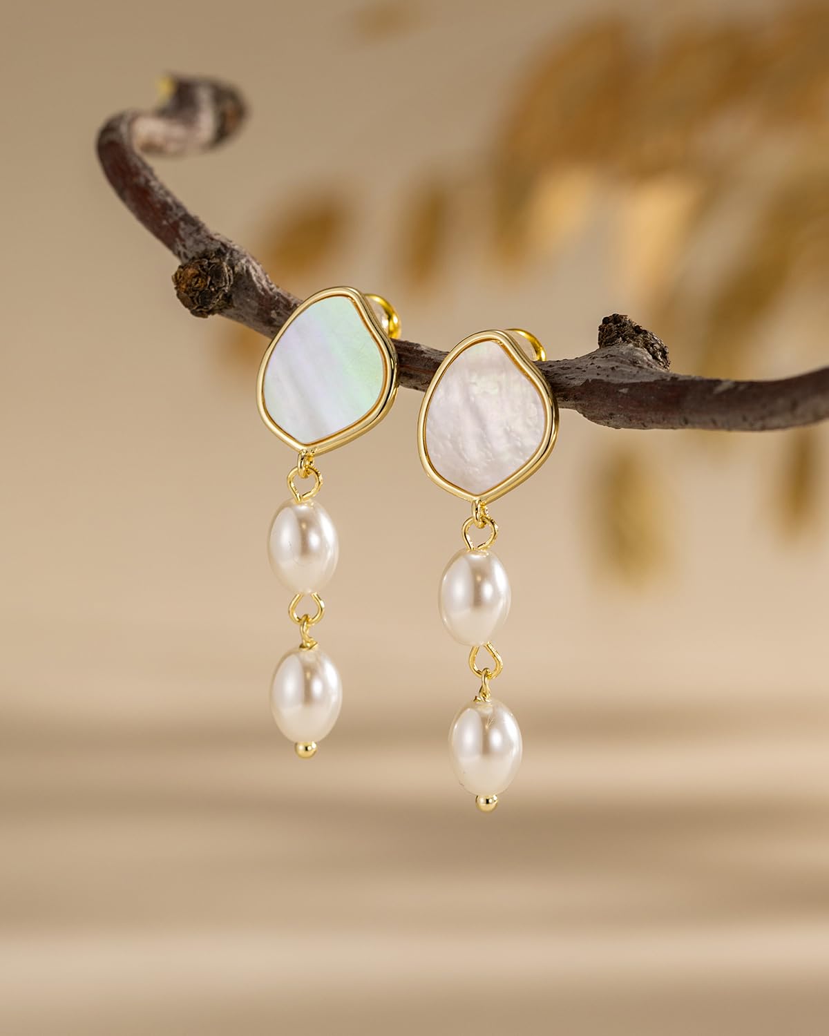 PRTGL Pearl Earrings - 14 Gold Plated Irregular Mother of Pearl Drop Dangle Earrings for Women Wedding Bridal