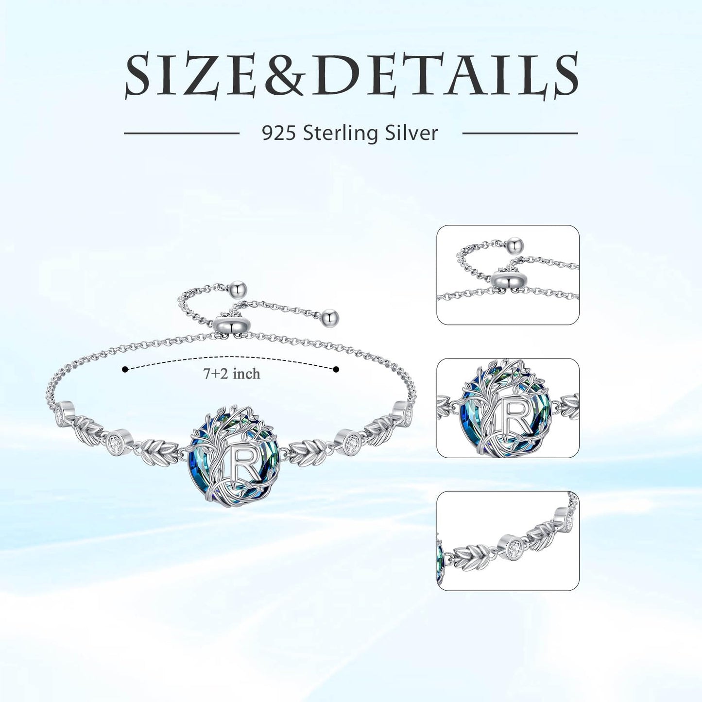 TOUPOP Tree of Life Initial Bracelet Sterling Silver Initials R Letter Link Bracelets Blue Circle Crystal Family Tree Birthday Mothers Day Jewelry Gifts for Women Mom Wife