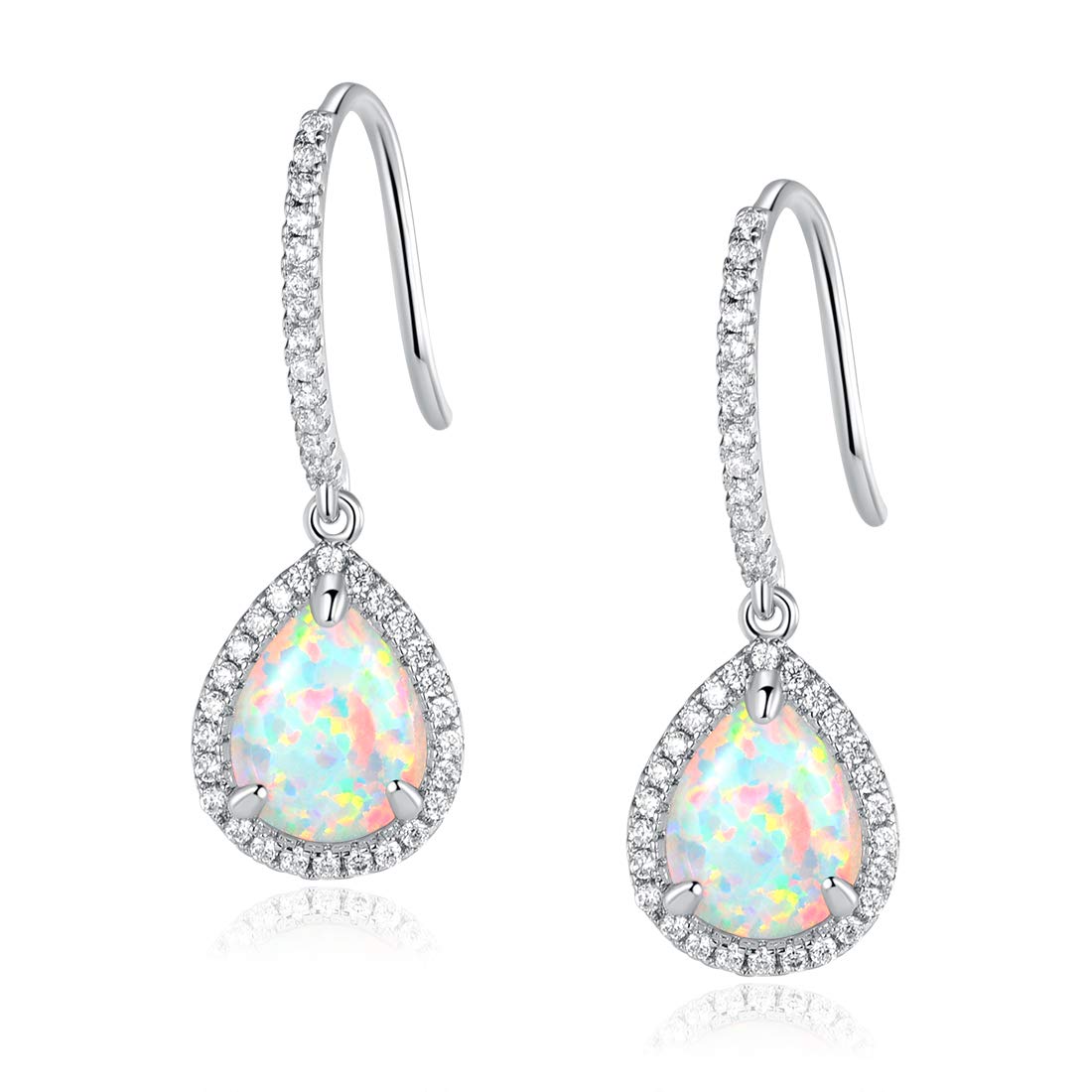 Gemsme 18K White Gold Plated Teardrop Opal and Cubic Zirconia Created Dangle Earrings For Women