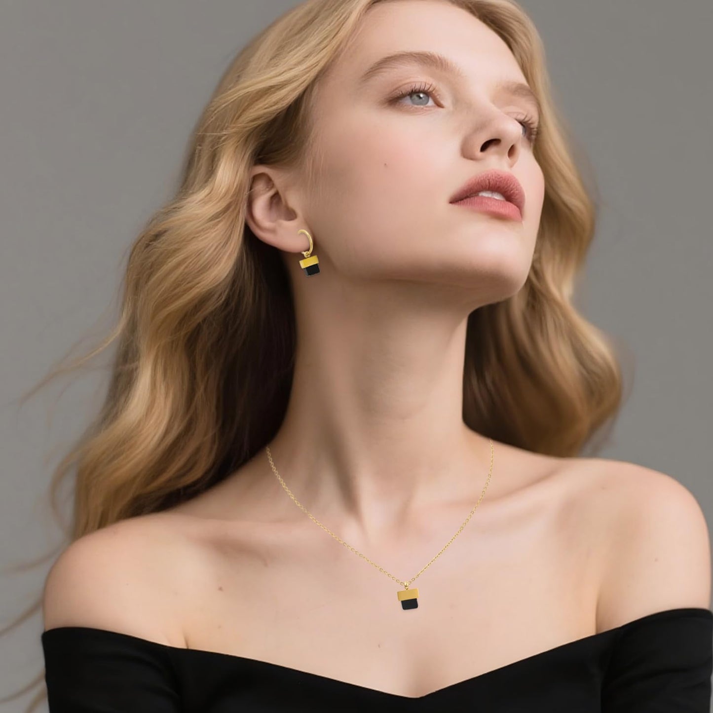 TaYolnFaSo Natural Black Agate Necklace and Earrings Set for Women 18K Gold Plated Black Onyx Jewelry Set Square Gemstone Jewelry Gift