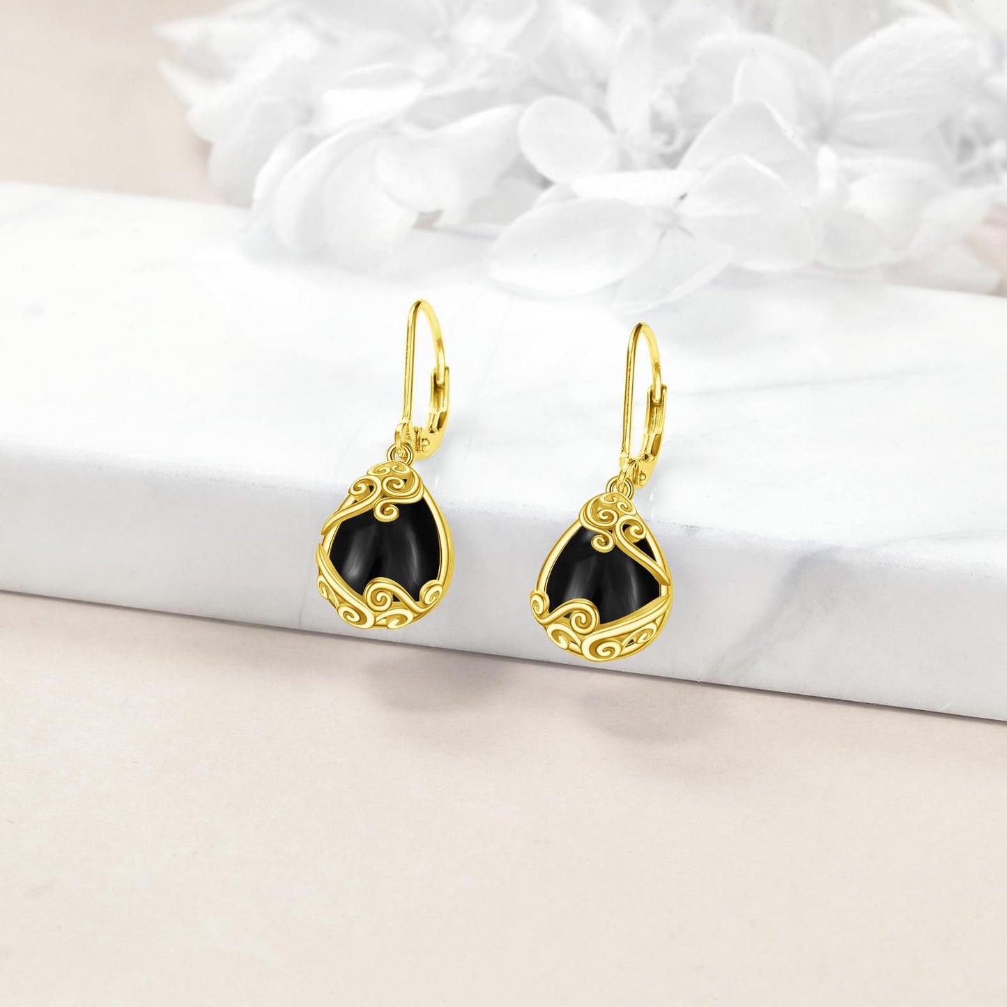 Black Onyx Drop Earrings for Women - Sterling Silver 18K Yellow Gold Plated Filigree Dangle Leverback Jewelry Gifts