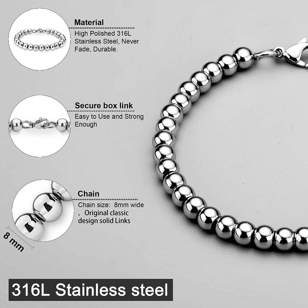 Jewelry Kingdom 1 Bracelet for Women and Men, Beaded Chain Stainless Steel, Handmade Jewelry (Thick of 8MM and Length of 8")