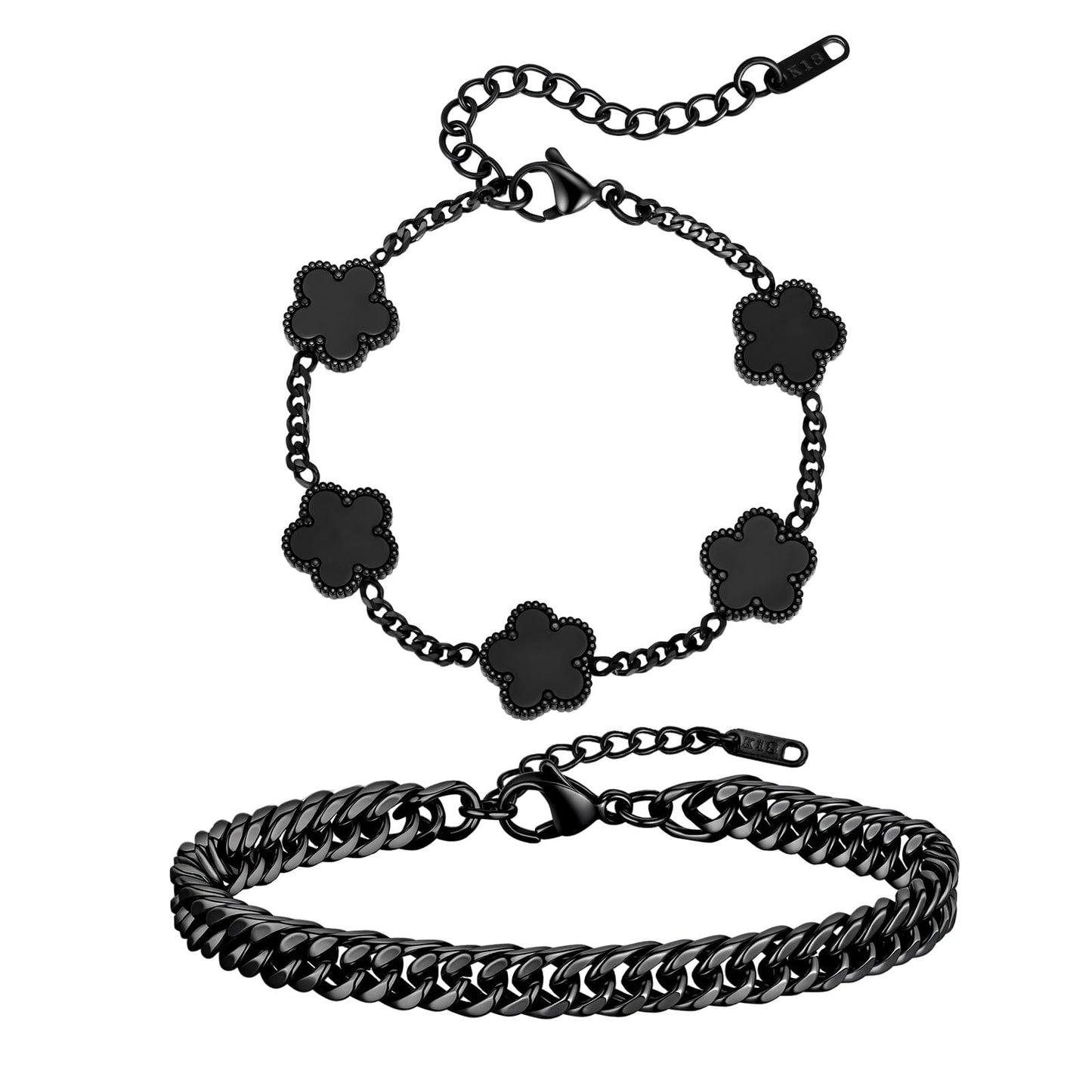 VNOX 2 PCS Floral Bracelets for Men Women -Womens Mens Stainless Steel Black Cuban Chain Link Bracelet Lucky Charm Four Clover Flower Bracelets Trendy Jewelry Gifts，2
