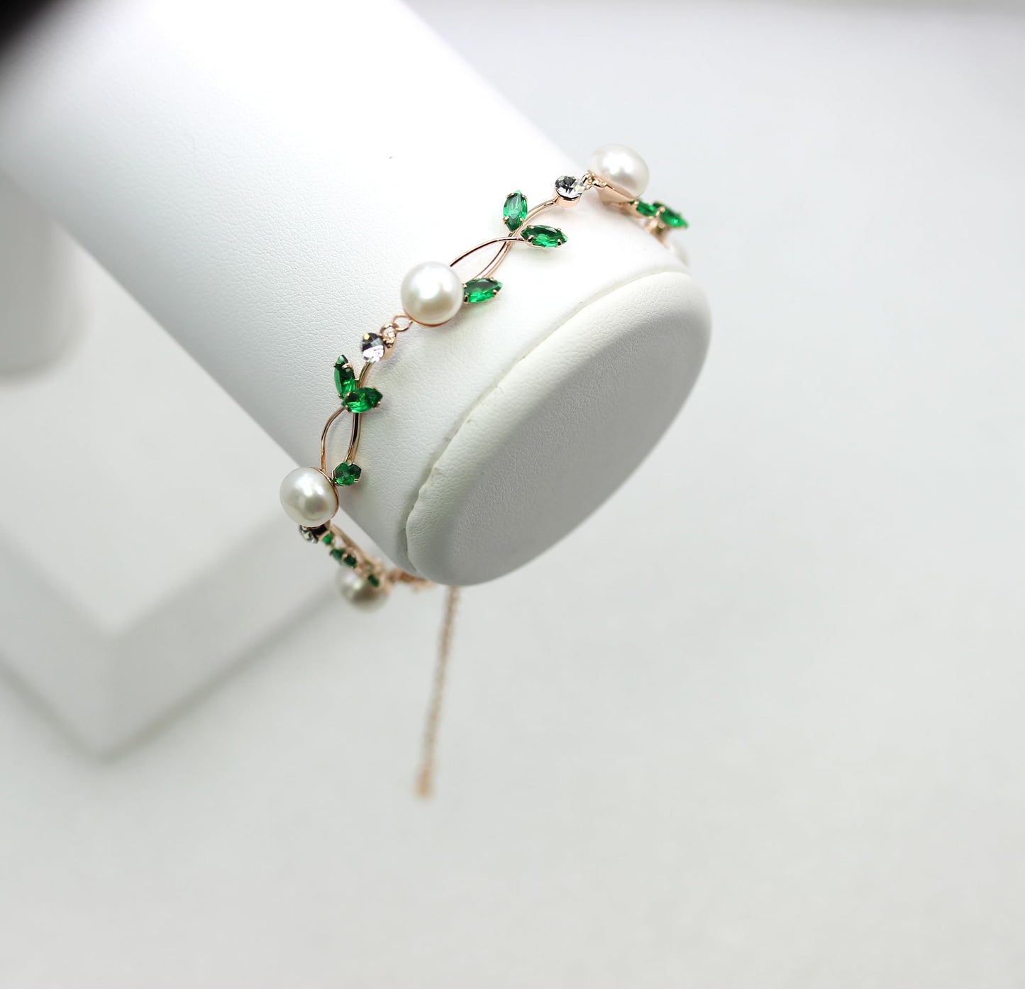 Faship Green CZ Crystal Genuine Freshwater Pearls Floral Bracelet 7.5" - 9.5" - Green/Rose Gold Plated/Matching Bracelet