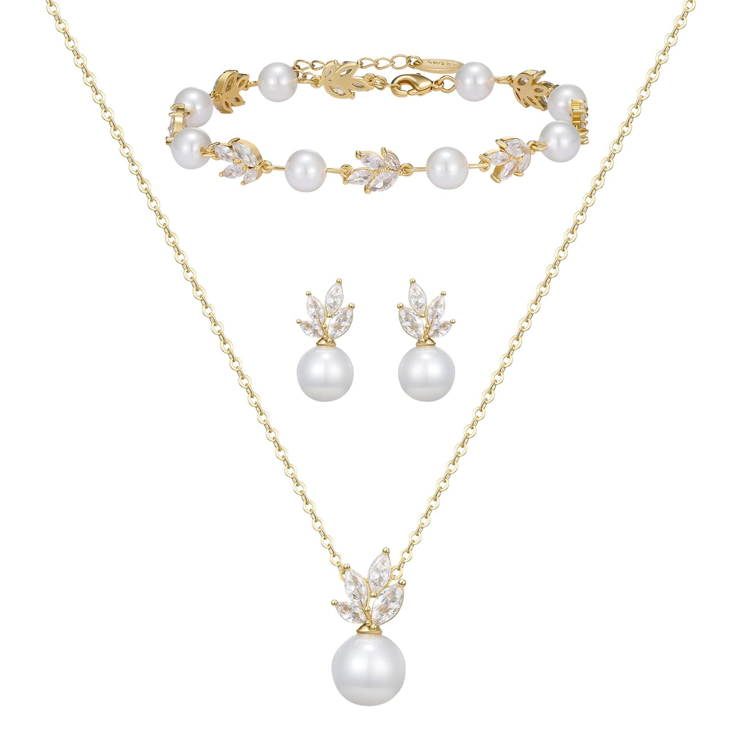 SWEETV Gold Bridal Jewelry Set for Wedding, Cubic Zirconia Pearl Floral Bridal Earrings Necklace Bracelet Set, Formal Prom Jewelry Set for Women