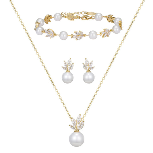 SWEETV Gold Bridal Jewelry Set for Wedding, Cubic Zirconia Pearl Floral Bridal Earrings Necklace Bracelet Set, Formal Prom Jewelry Set for Women