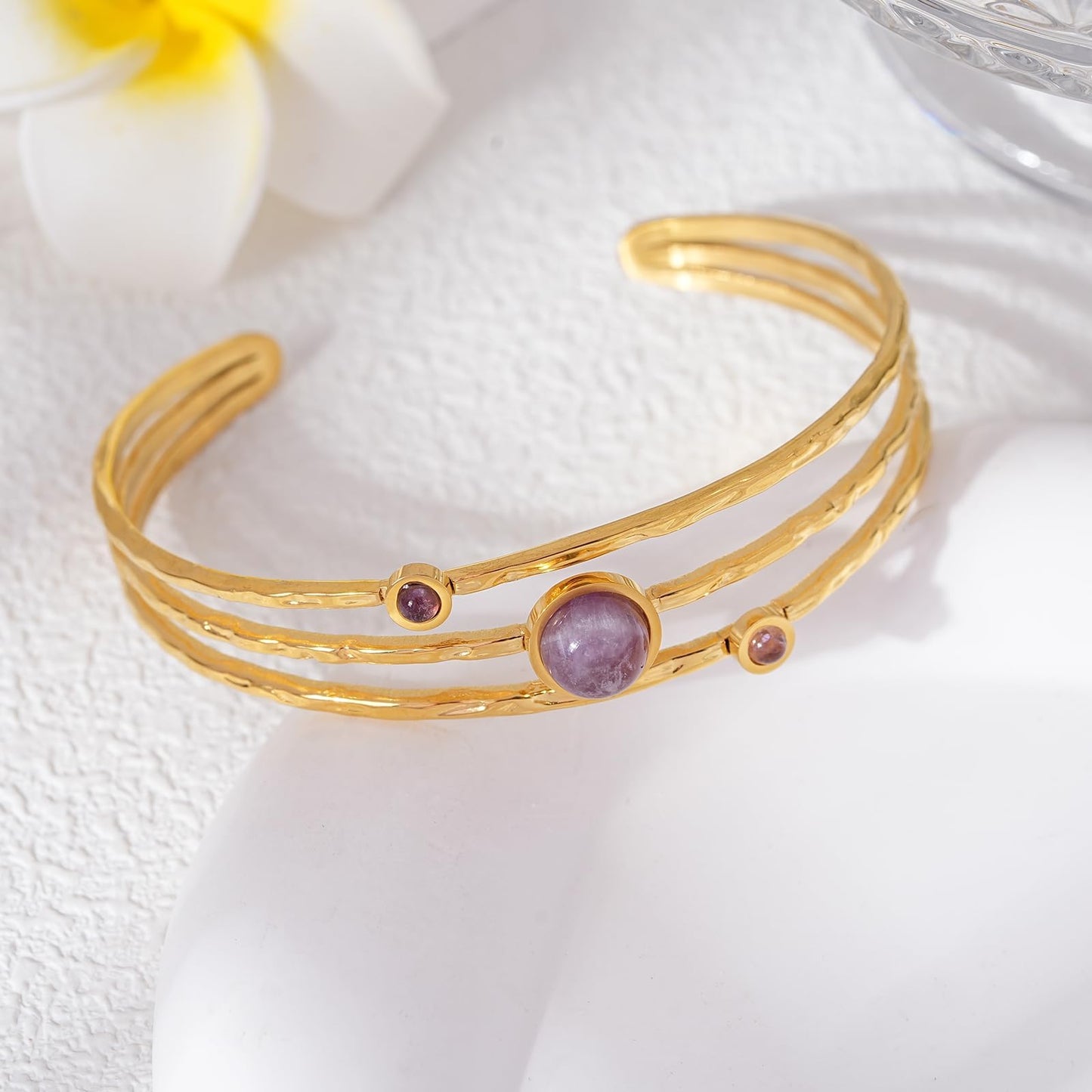 TaYolnFaSo Amethyst Cuff Bracelets for Women 18k Gold Plated Adjustable Open Gemstone Wide Cuff Bangle Wrap Amethyst Jewelry Valentine's Day Gifts for Wife Girlfriend Mother