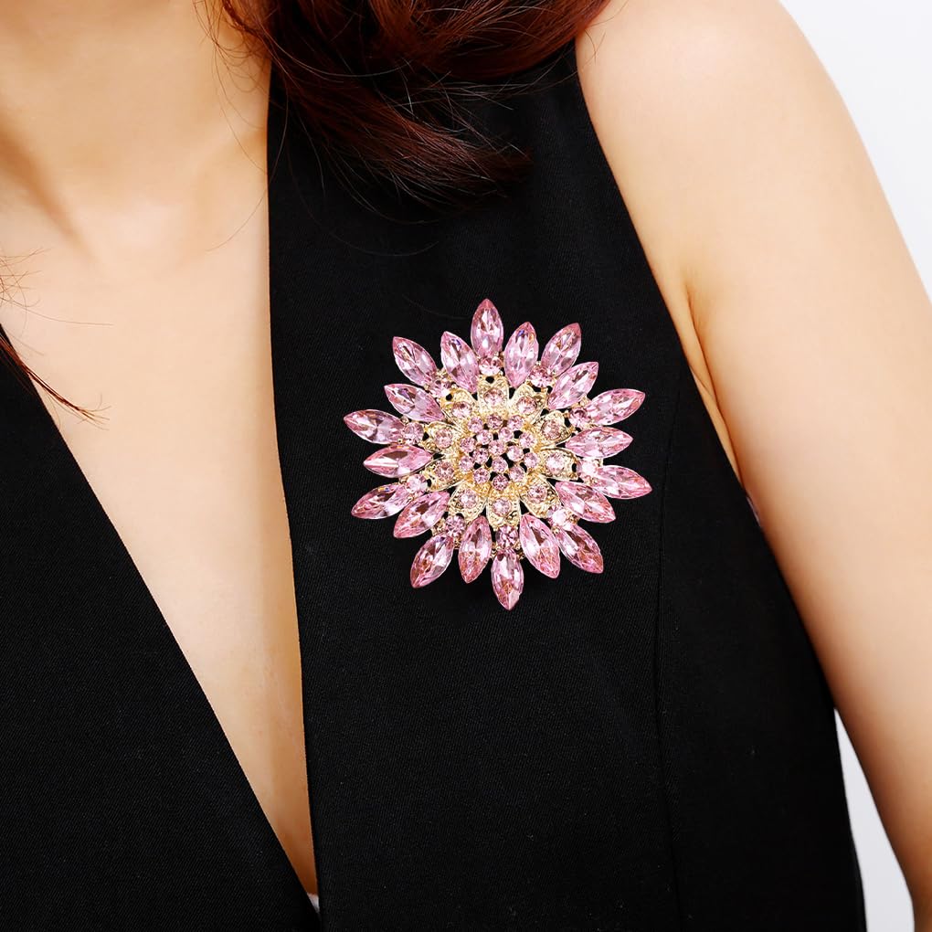 Rhinestone Large Flower Brooches Pins for Women Fashion Sparkly Crystal Sunflower Statement Brooch Wedding Party Suit Dress Formal Jewelry Accessories (pink)