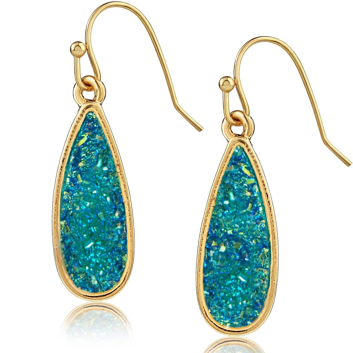 Simulated Druzy Drop Dangles - Sparkly Long Teardrop Dangly Earrings for Women, Gold Tone - Blue Green Stone